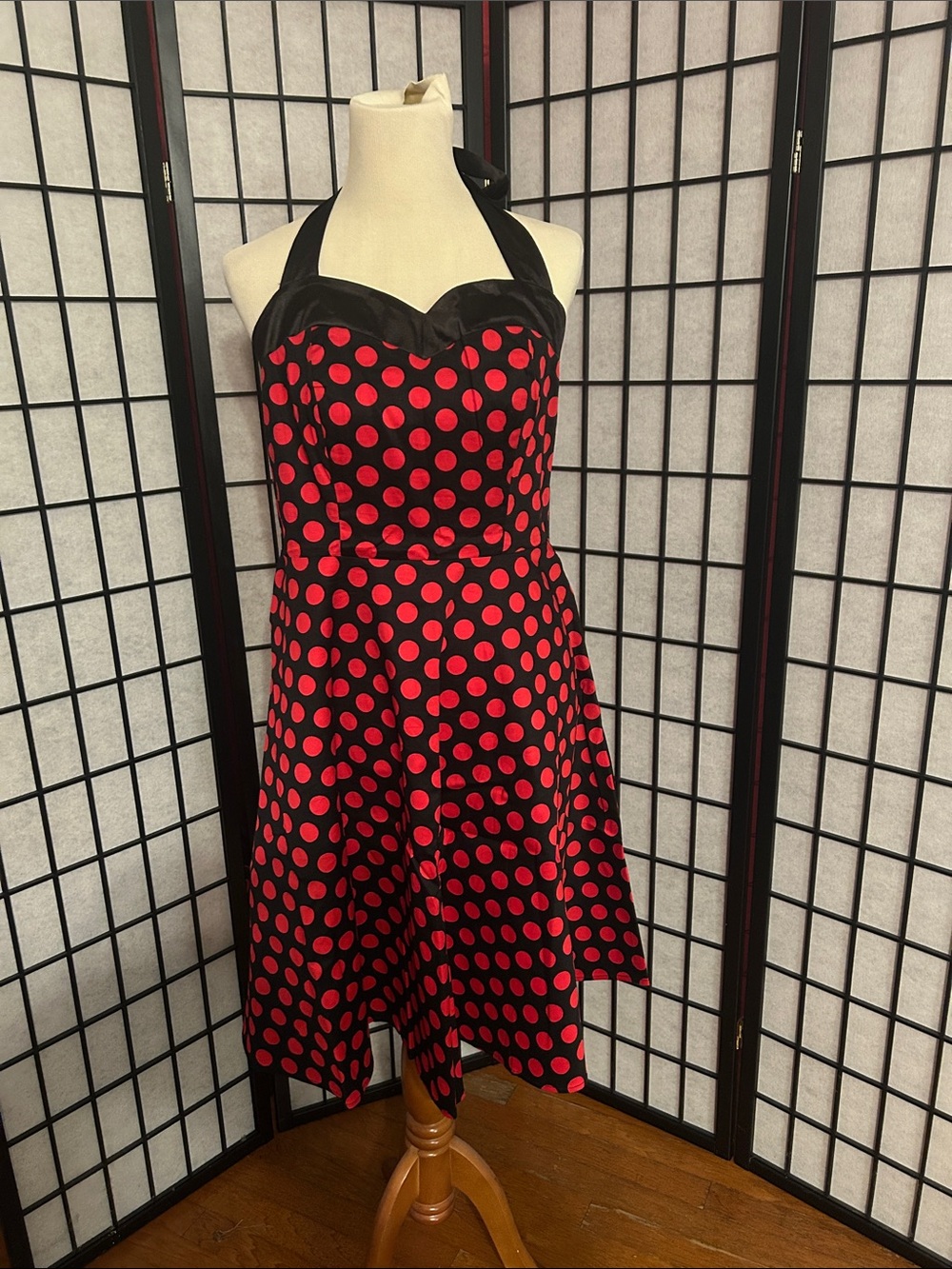 Retro Halter Midi Dress in Black with Red Polka Dots